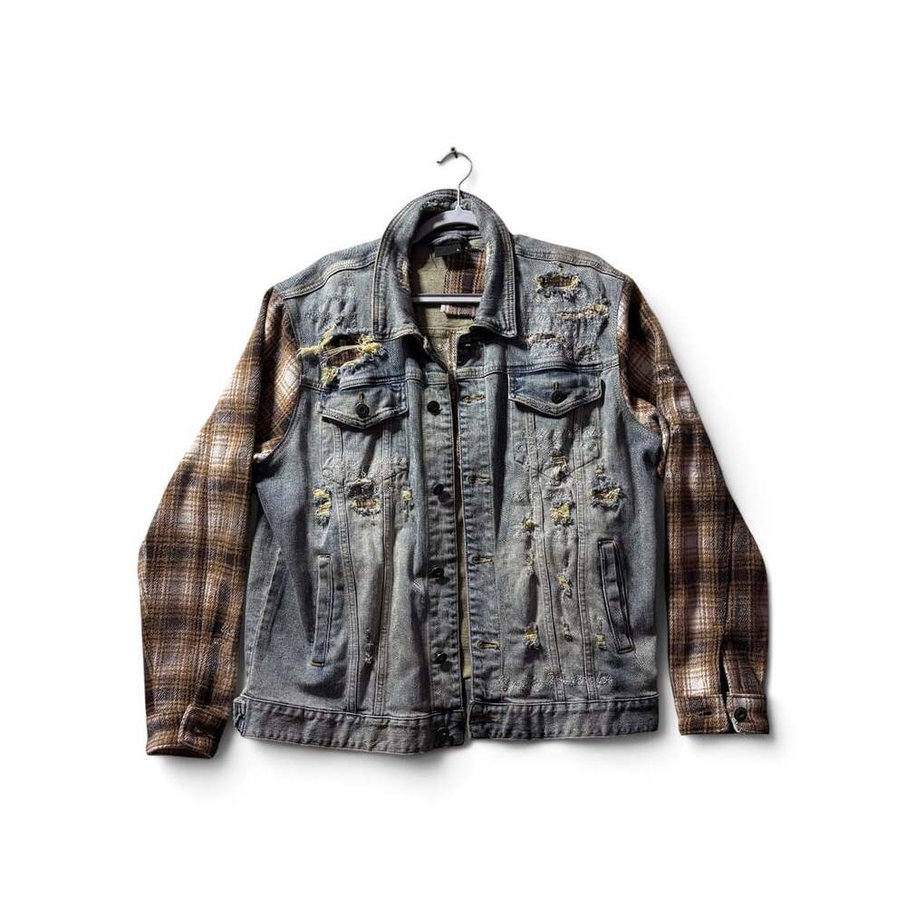 Smoke Rise Men's Distressed Denim and Plaid Flannel Sleeve Jacket